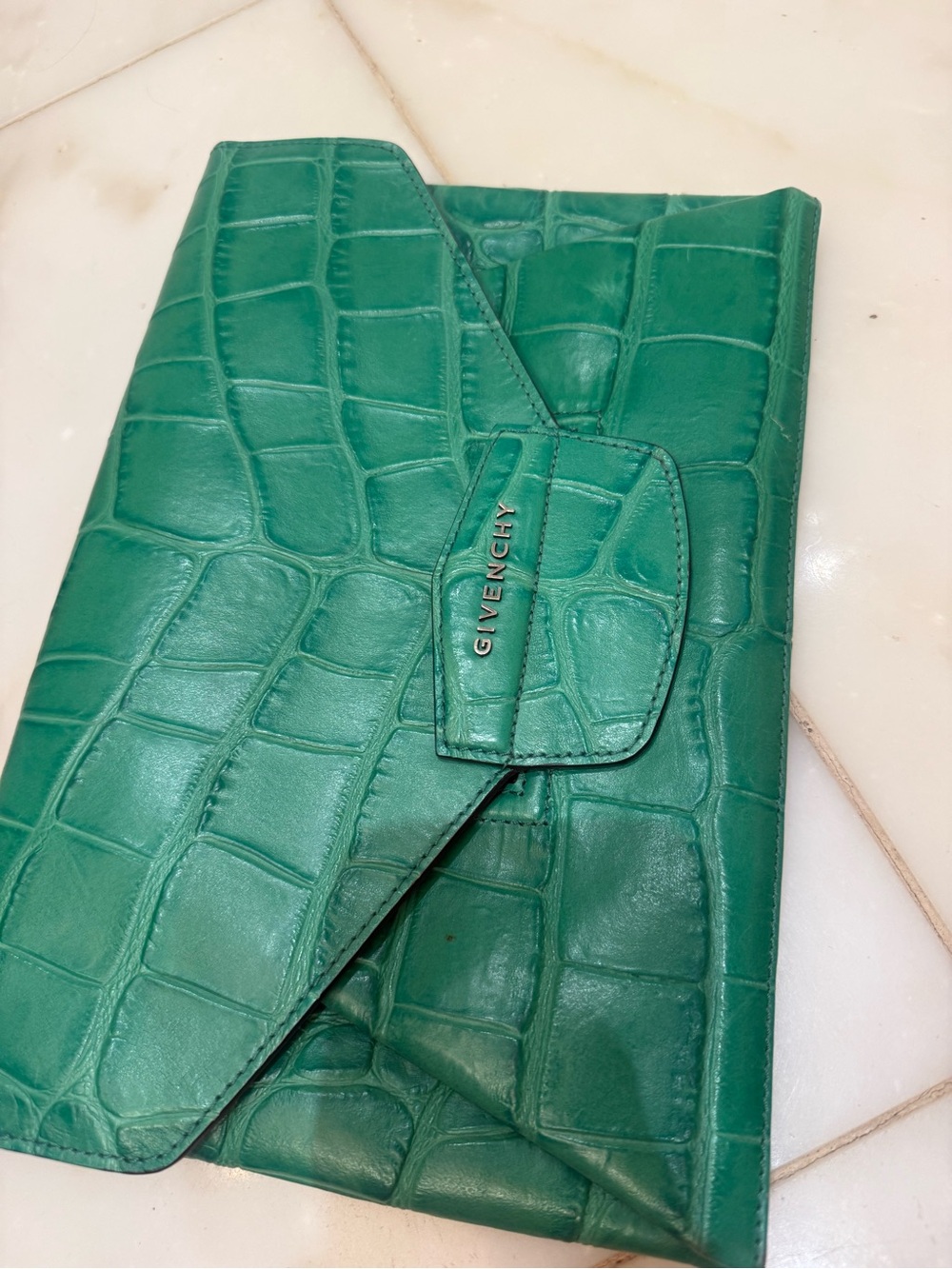 Givenchy Emerald Green Croc-Embossed Leather Envelope Clutch